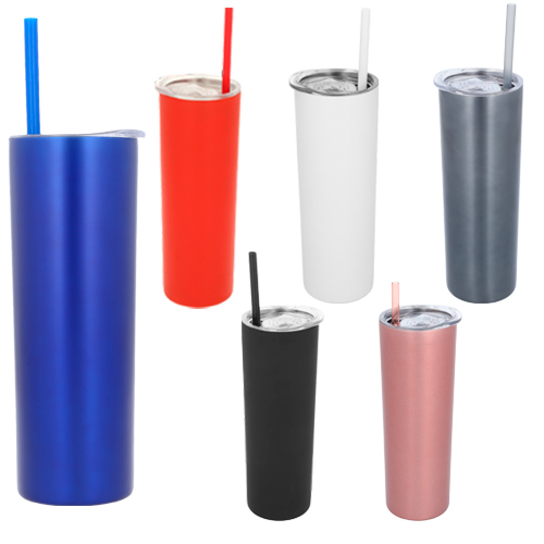 Termo de acero inoxidable de doble pared insulado al vacío con tapa de plástico a presión con boquilla deslizable y popote de plástico. AZUL