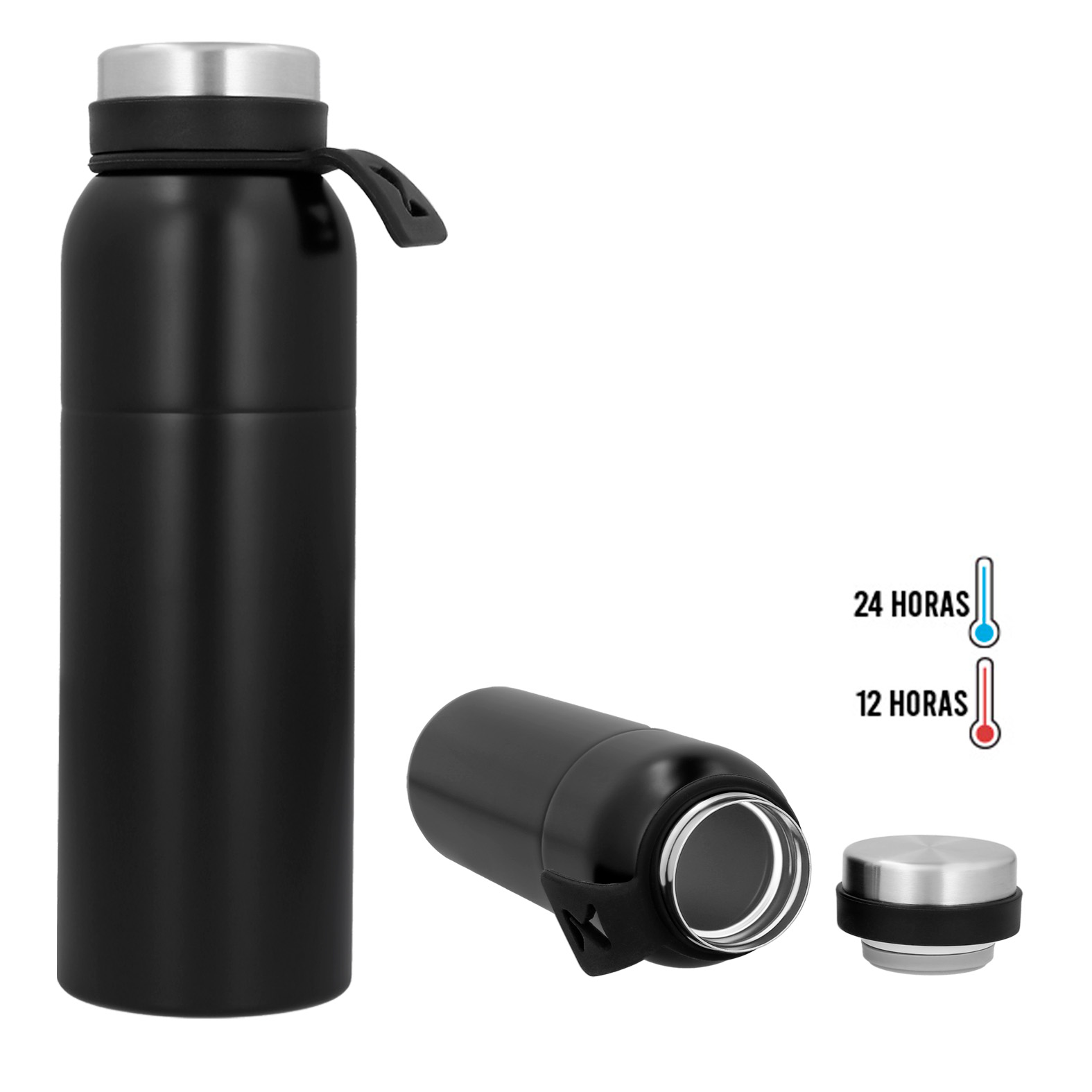 Termo con doble pared de acero inoxidable, tapa metálica enroscable, base y asa de silicón. NEGRO