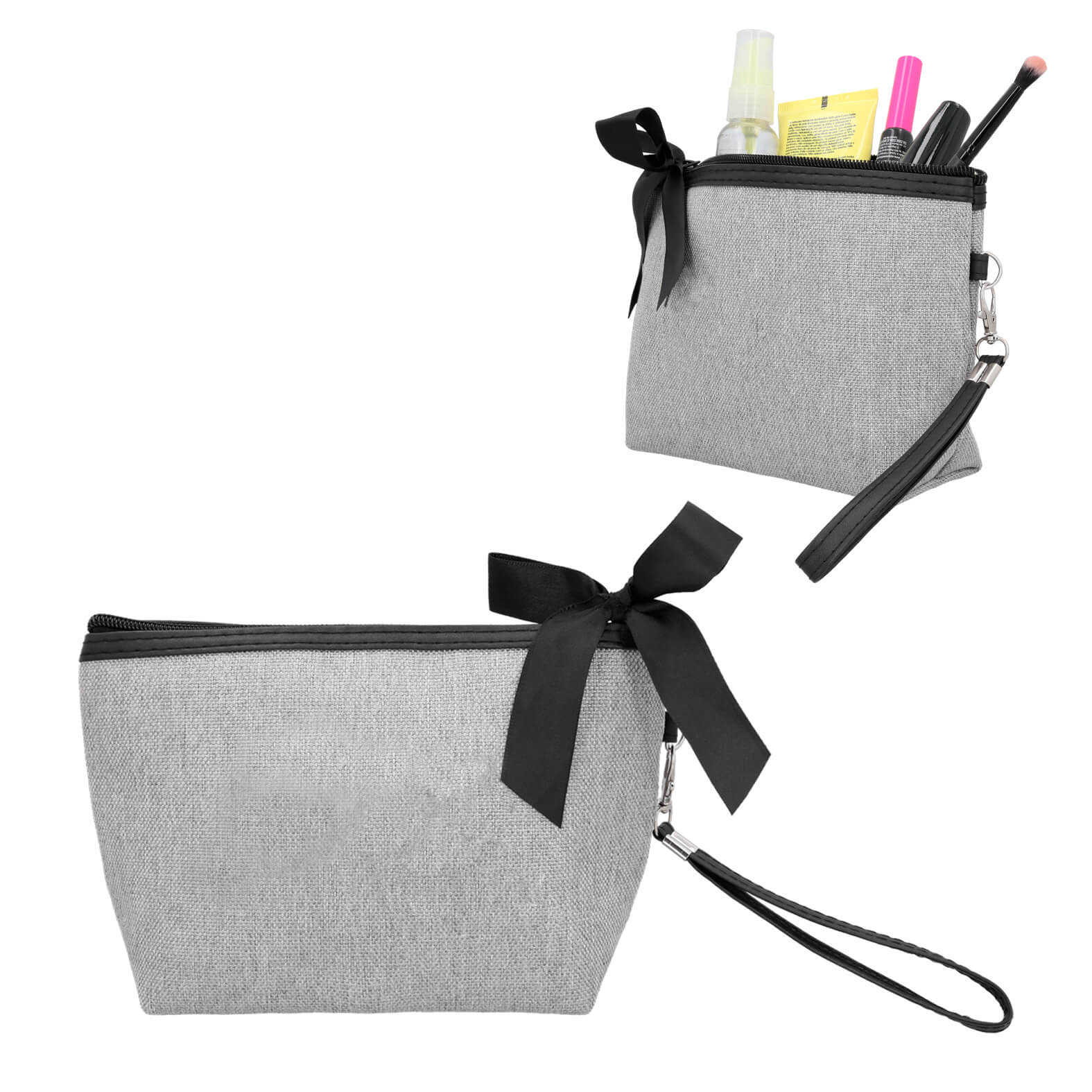 Cosmetiquera con forro, cierre superior y correa. GRIS
