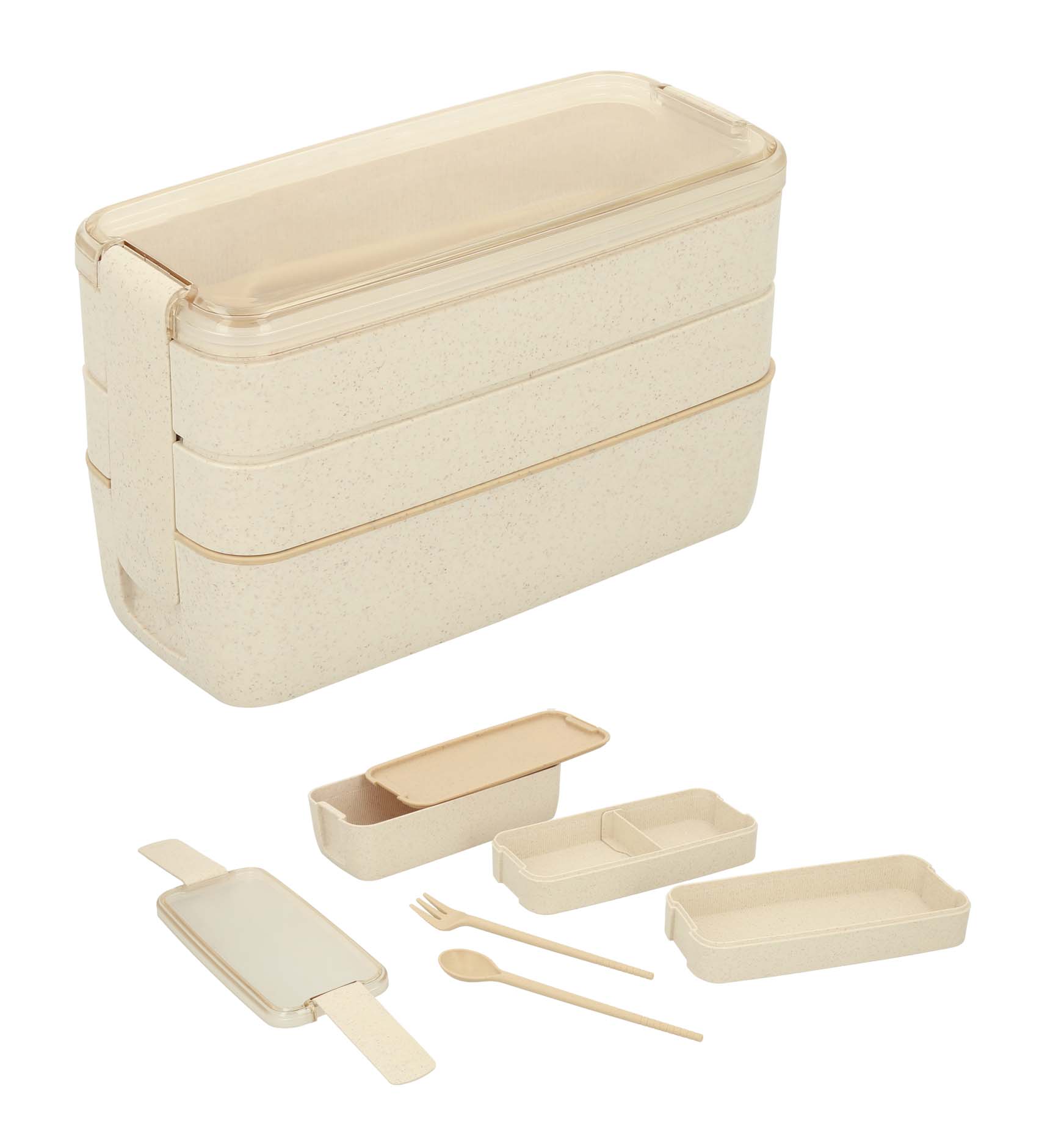 Contenedor para alimento de wheat straw, de 3 niveles, incluye separador de comida, cuchara y tenedor. Capacidad de 900 ml completo. NATURAL