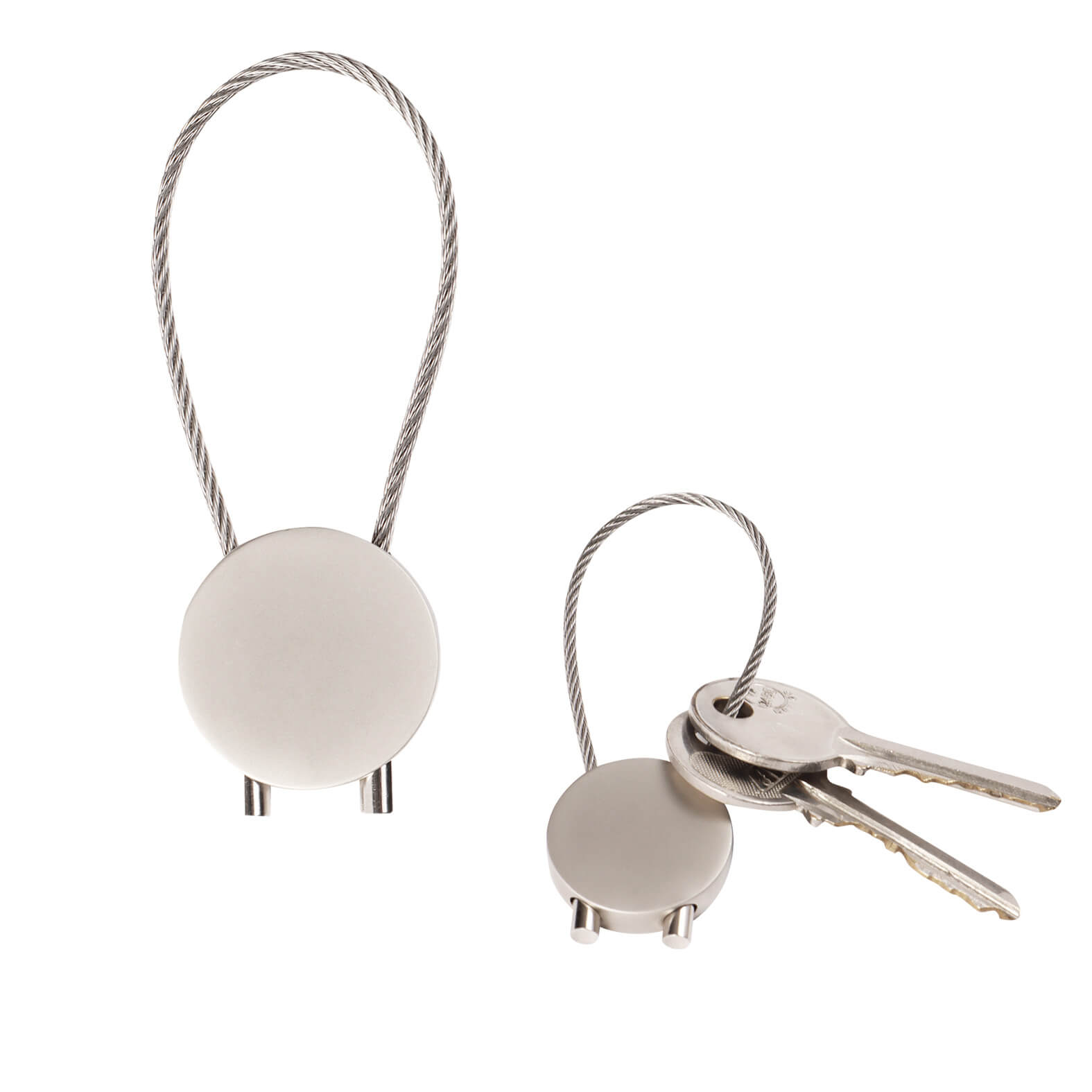 Llavero metálico circular con correa desmontable. Incluye caja. PLATA