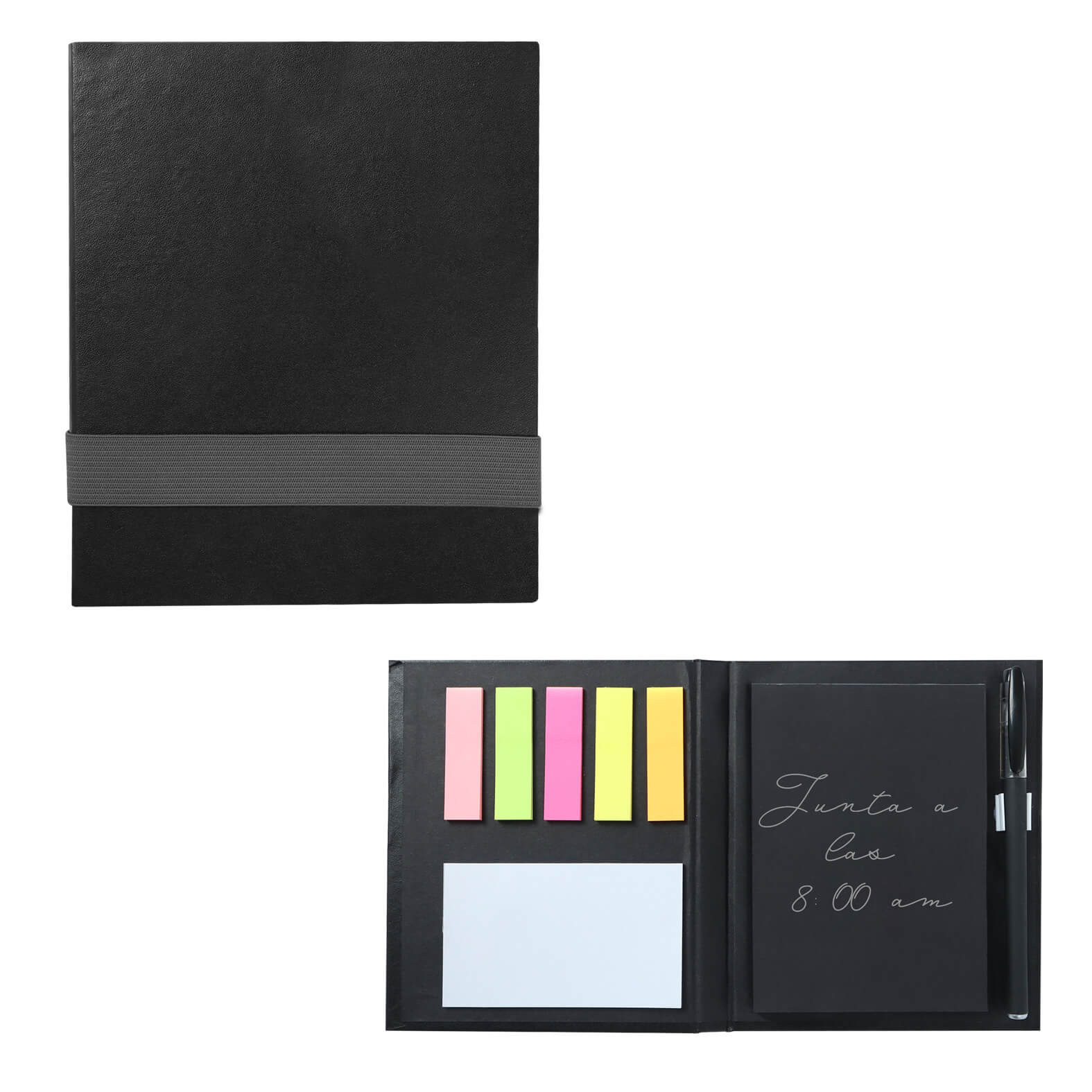 Block de notas de pasta gruesa, 6 banderas adhesivas, bolígrafo con 80 hojas negras y banda elástica. NEGRO