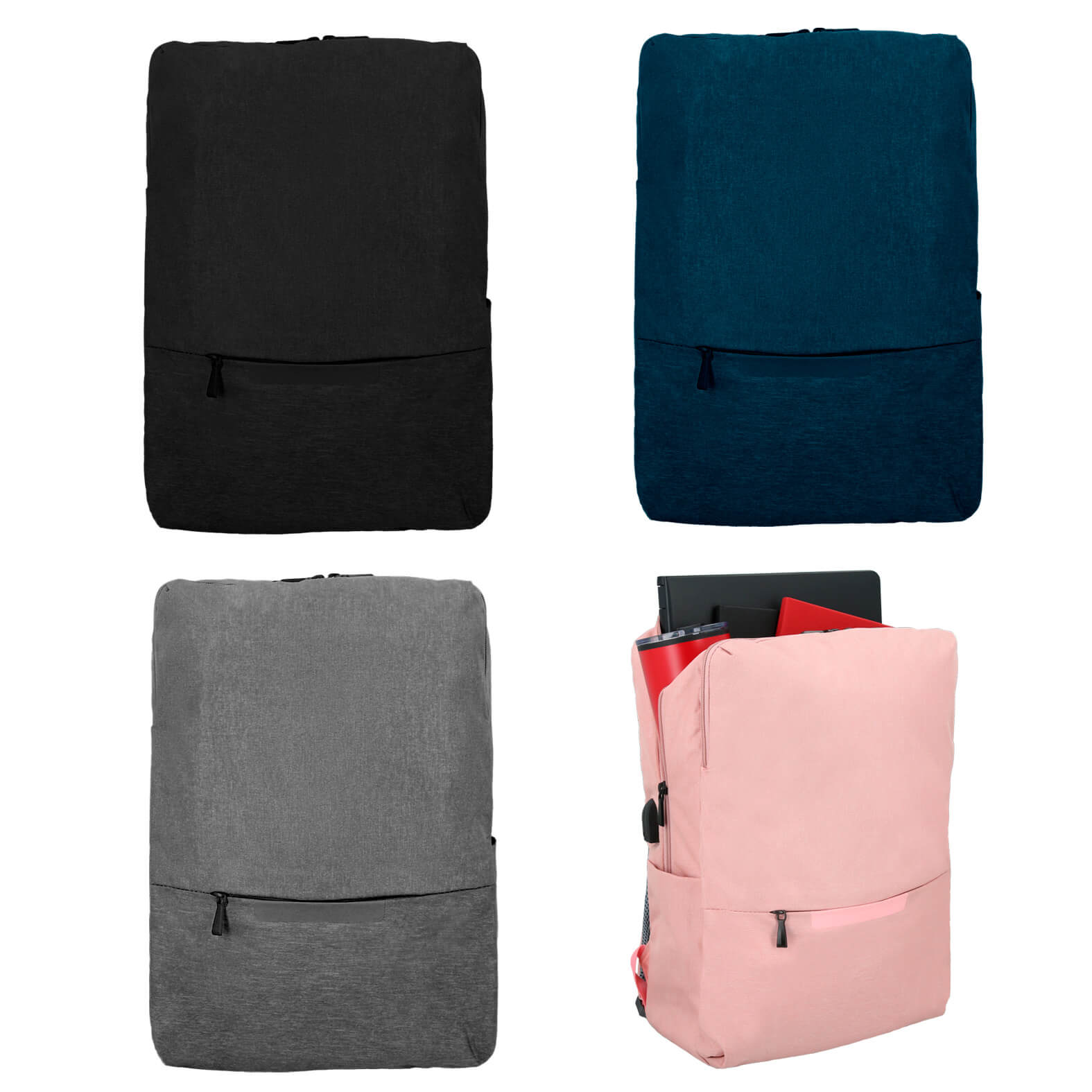 Mochila con compartimento principal, porta laptop de 18", 2 bolsas frontales, 2 bolsas laterales, puerto de carga USB, asa superior, carry on y respaldo acojinado. AZUL