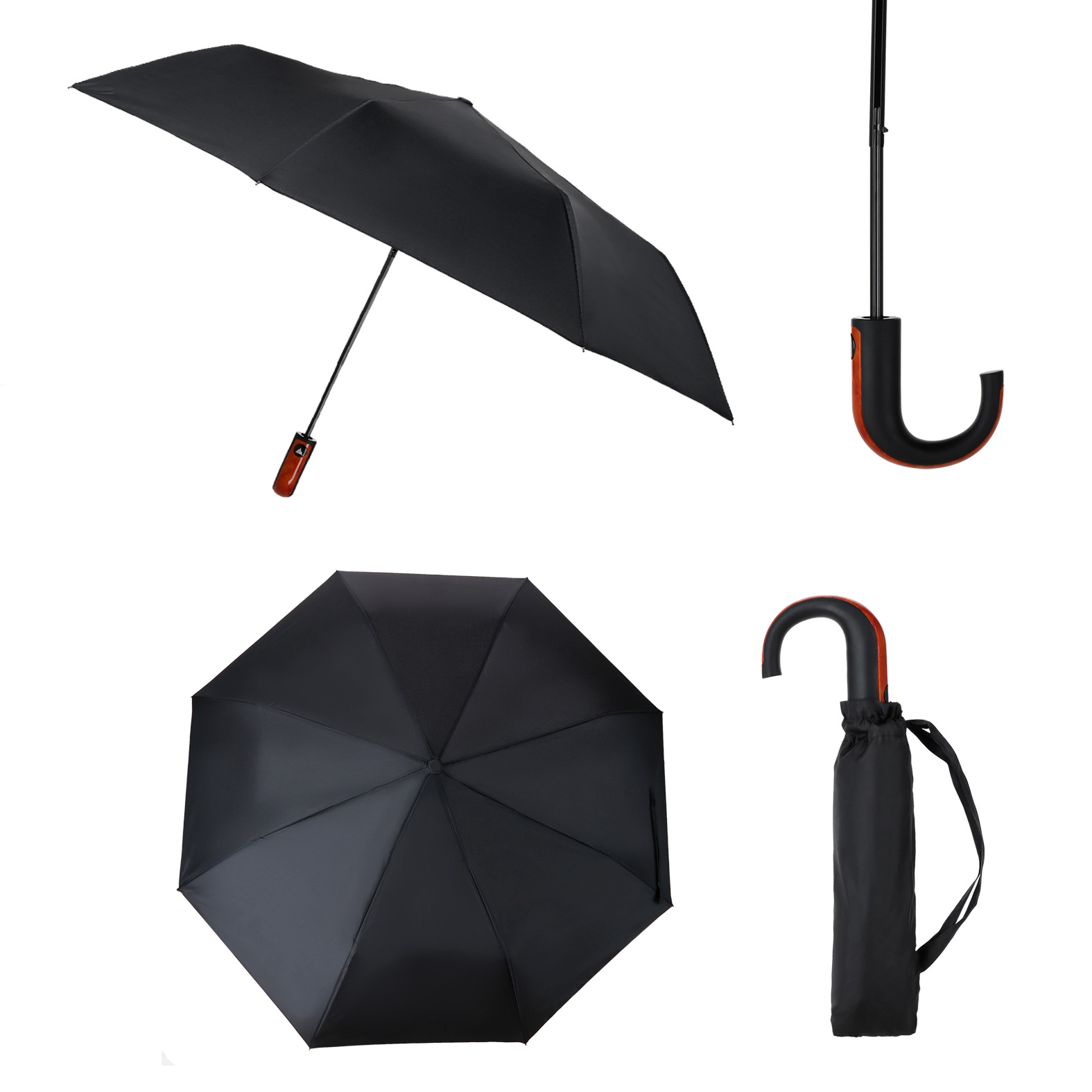 Paraguas de poliéster de 8 gajos con varillas reforzadas, cintilla de seguridad con velcro y mango con botón de sistema de apertura automático. Incluye funda. NEGRO