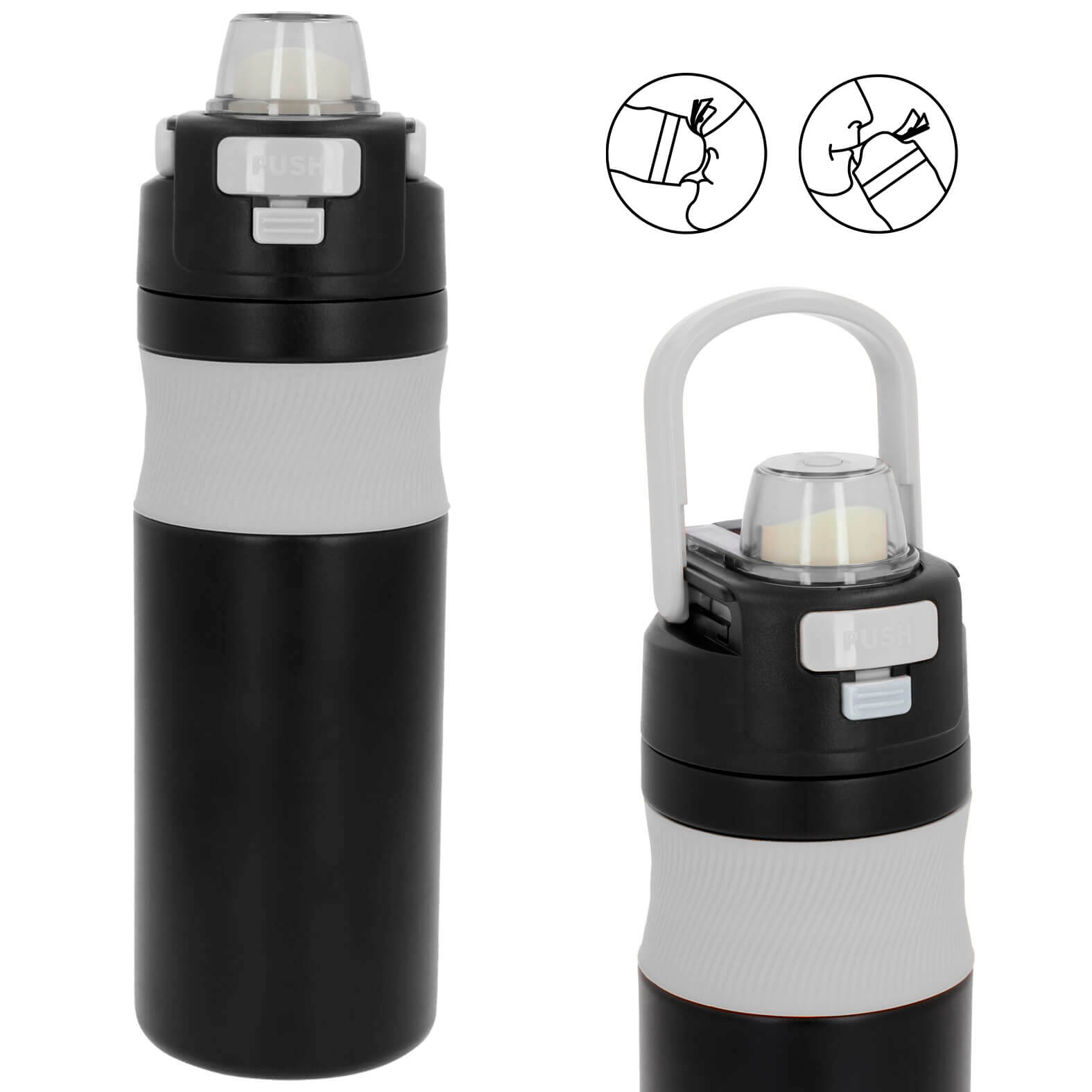 Termo de doble pared de acero inoxidable, insulado al vacío con acabado rugoso, manga de silicón, tapa enroscable con botón de seguridad y asa. NEGRO