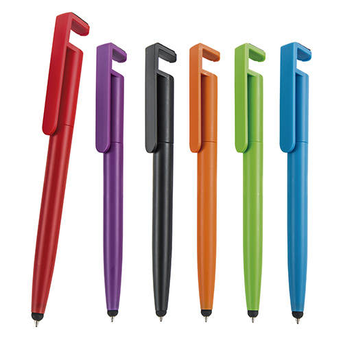 Bolígrafo de plástico, mecanismo retráctil, goma touch screen, limpiador de pantalla y soporte para celular. AZUL