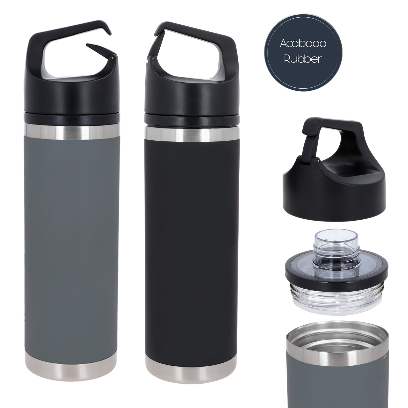 Termo con acabado rubber, doble pared de acero inoxidable, insulado al vacío, con boquilla remobible y tapa de rosca con asa tipo arnés. GRIS