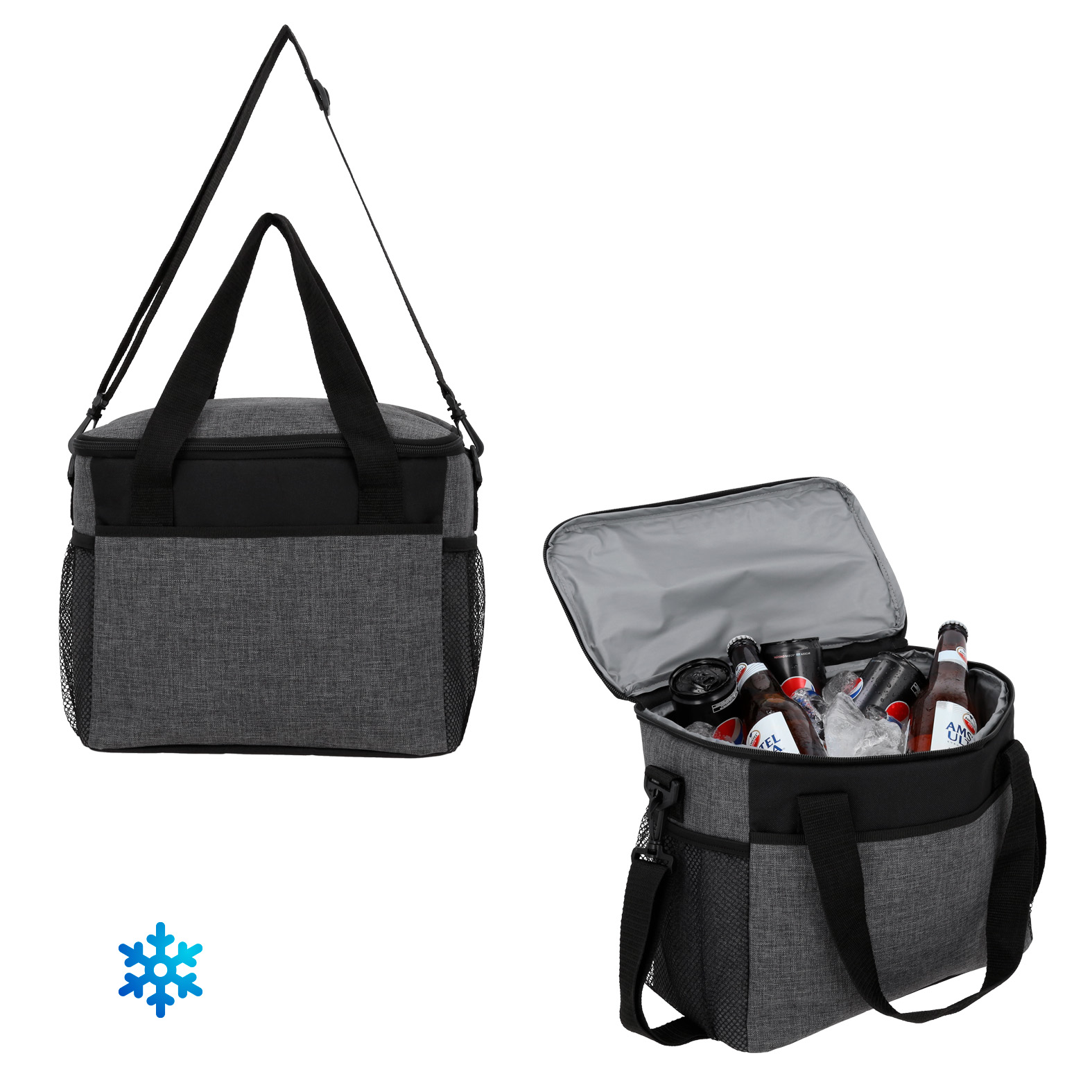 Hielera rectangular con interior impermeable plastificado con cierre, 2 asas, 2 mallas laterales, compartimento frontal y correa ajustable. GRIS