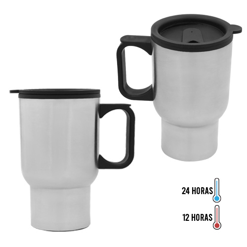 Termo con doble pared de acero inoxidable e interior de plástico, adaptable al portavasos de tu auto, con asa y tapa de plástico de cierre a presión, con seguro deslizable. PLATA