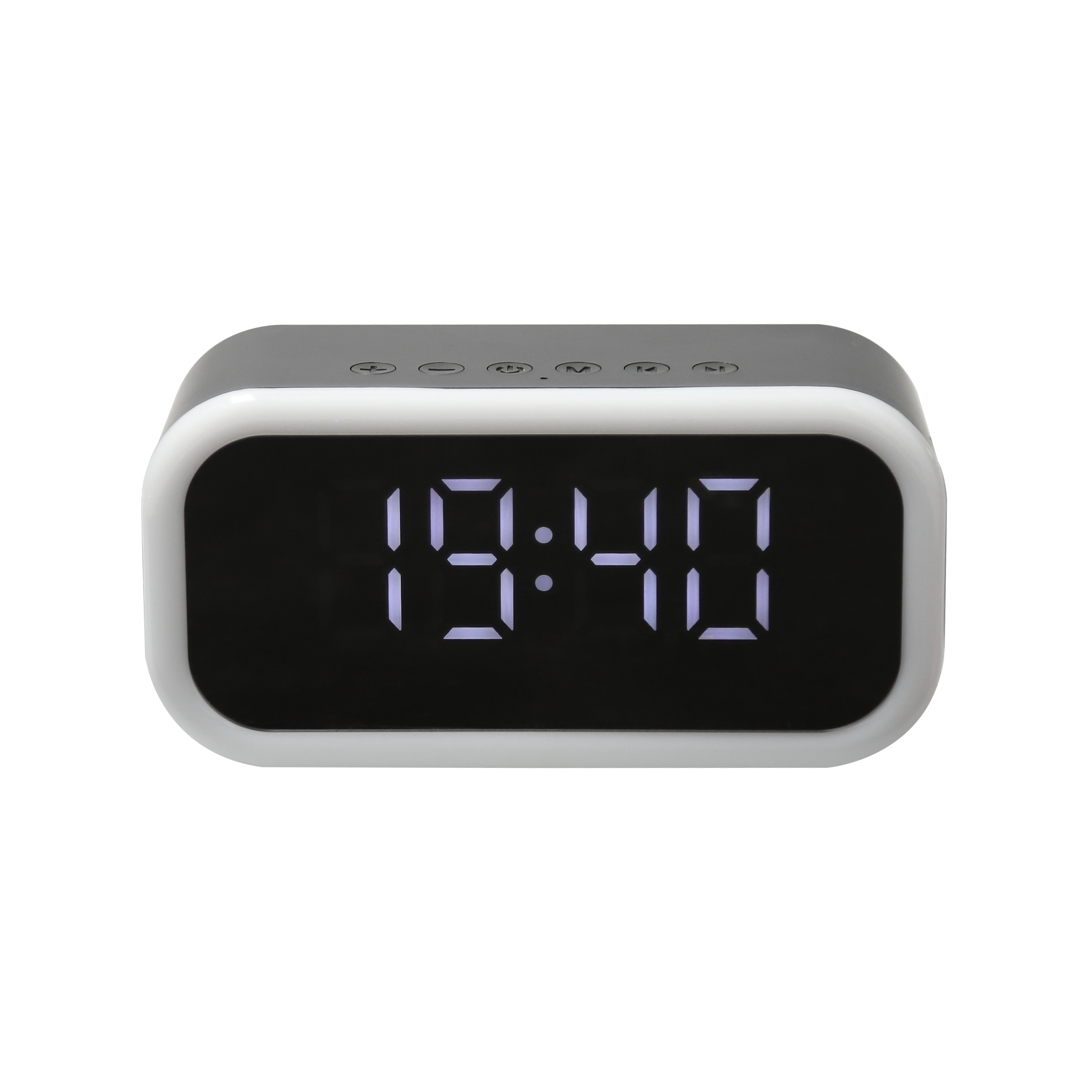 Bocina Bluetooth portátil con reloj digital, radio FM y micrófono para contestador de llamadas, cuenta con entrada para Aux, TF y cable de carga. NEGRO