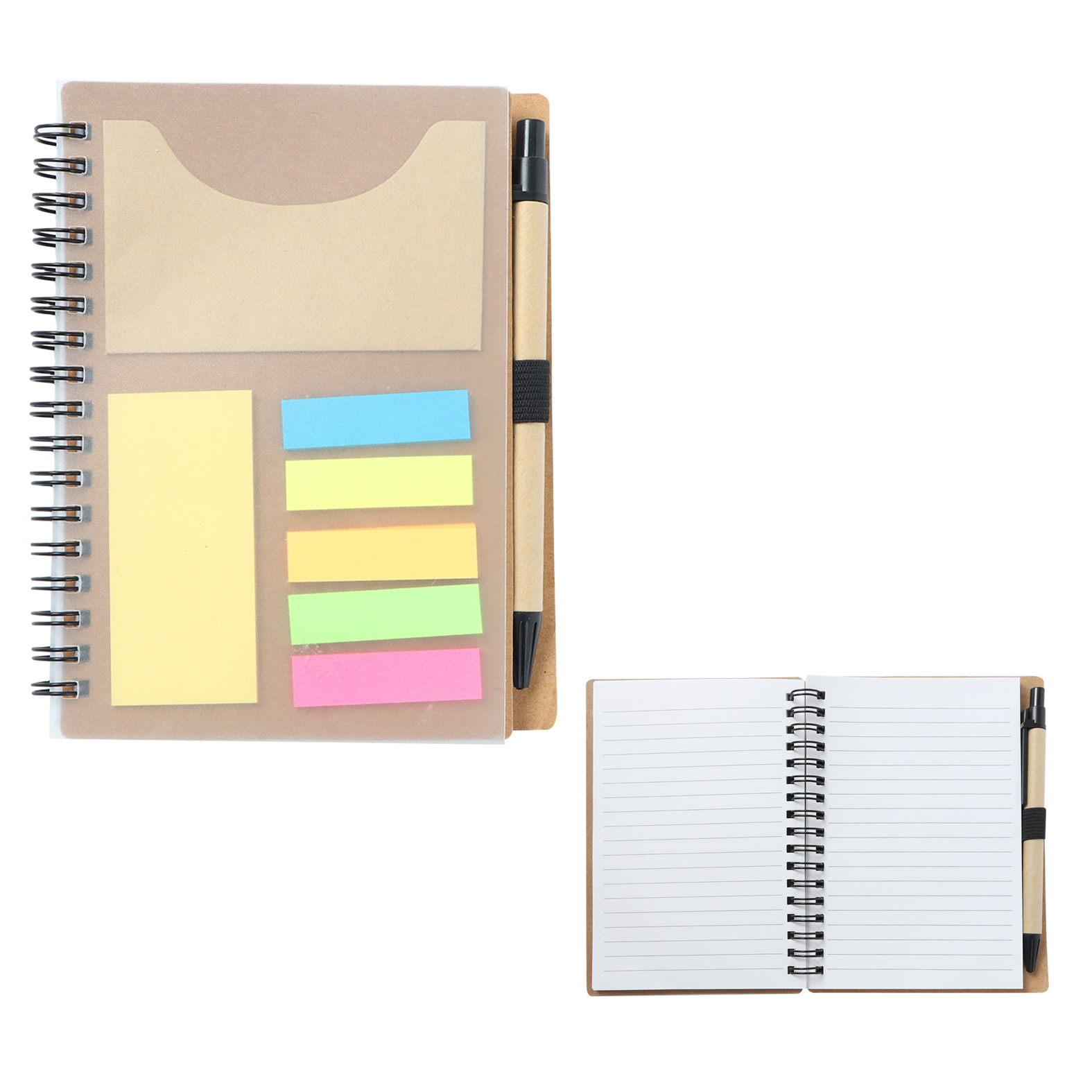 Libreta ecológica de cartón con espiral y plástico protector, incluye: 5 banderas adheribles, bolígrafo, porta tarjetas, block de notas y 70 hojas de raya. CARTON