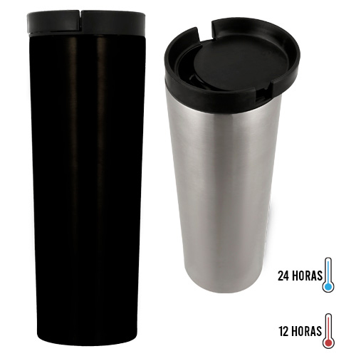 Termo de acero inoxidable de doble pared insulado al vacío y tapa enroscable con mecanismo deslizable. NEGRO