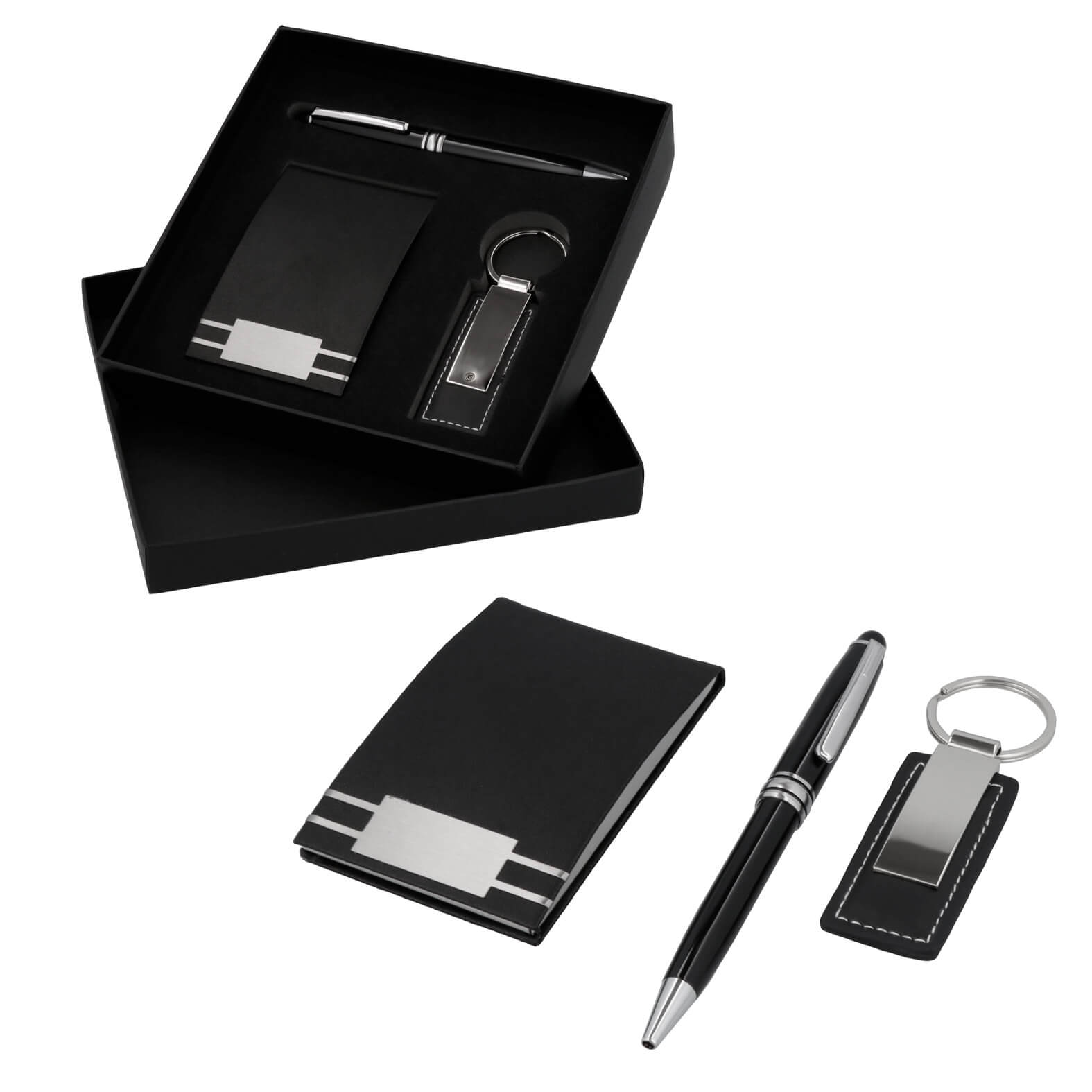 Set ejecutivo: Incluye llavero metálico y curpiel, tarjetero, bolígrafo metálico y estuche de regalo. NEGRO
