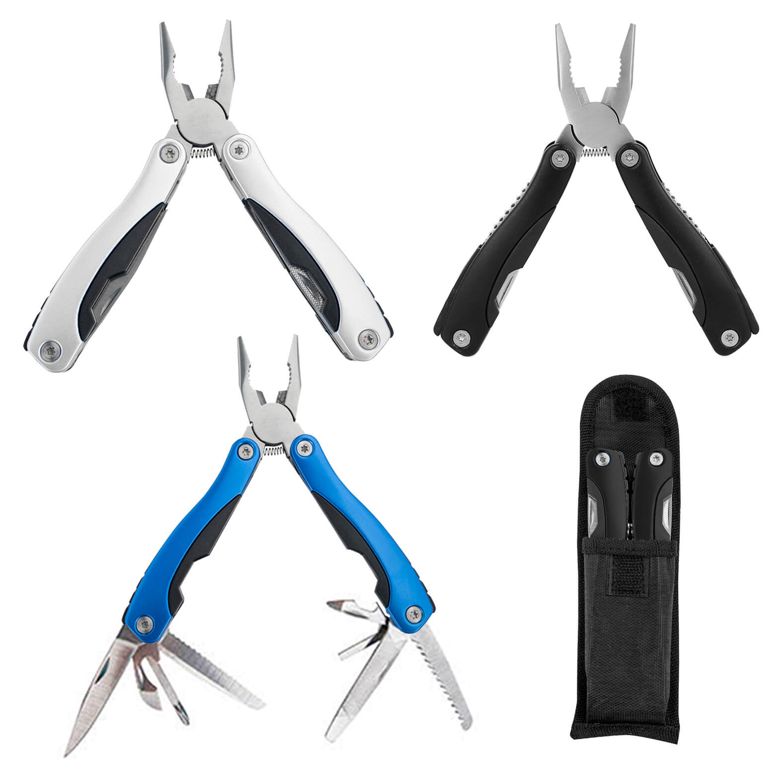 Herramienta plegable con 9 funciones: lima, abre latas, doble destapador, sierra, desarmador de cruz, dos desarmadores planos, navaja, pinzas y seguro de bloqueo. Incluye funda. AZUL