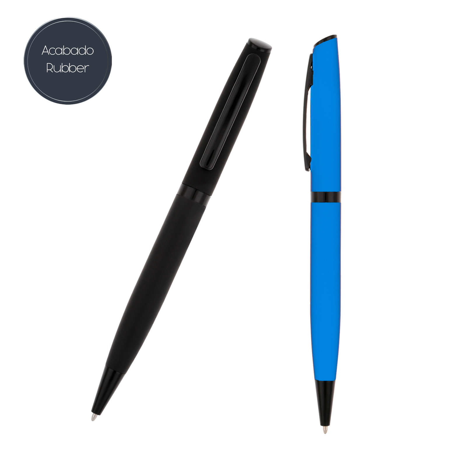 Bolígrafo con acabado rubber, clip metálico y mecanismo retráctil. AZUL