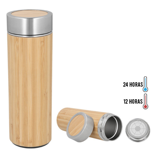 Termo con doble pared de acero inoxidable y exterior de bambú, con colador y tapa metálica enroscable. BAMBU