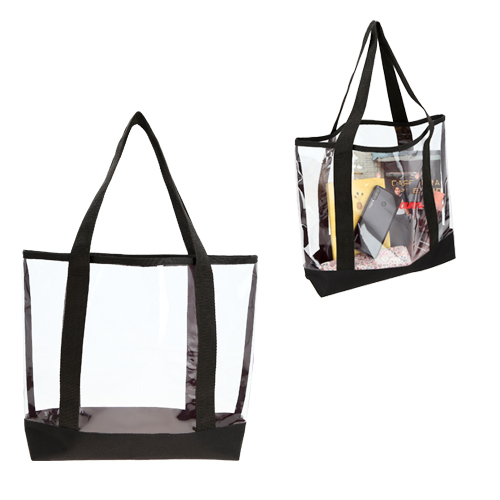 Bolsa plástica transparente con asas y base de poliéster. NEGRO