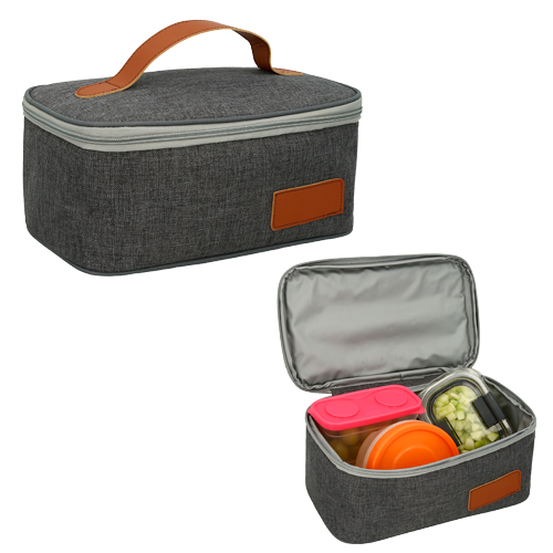 Lonchera rectangular con interior reforzado en plástico y asa superior en curpiel. GRIS