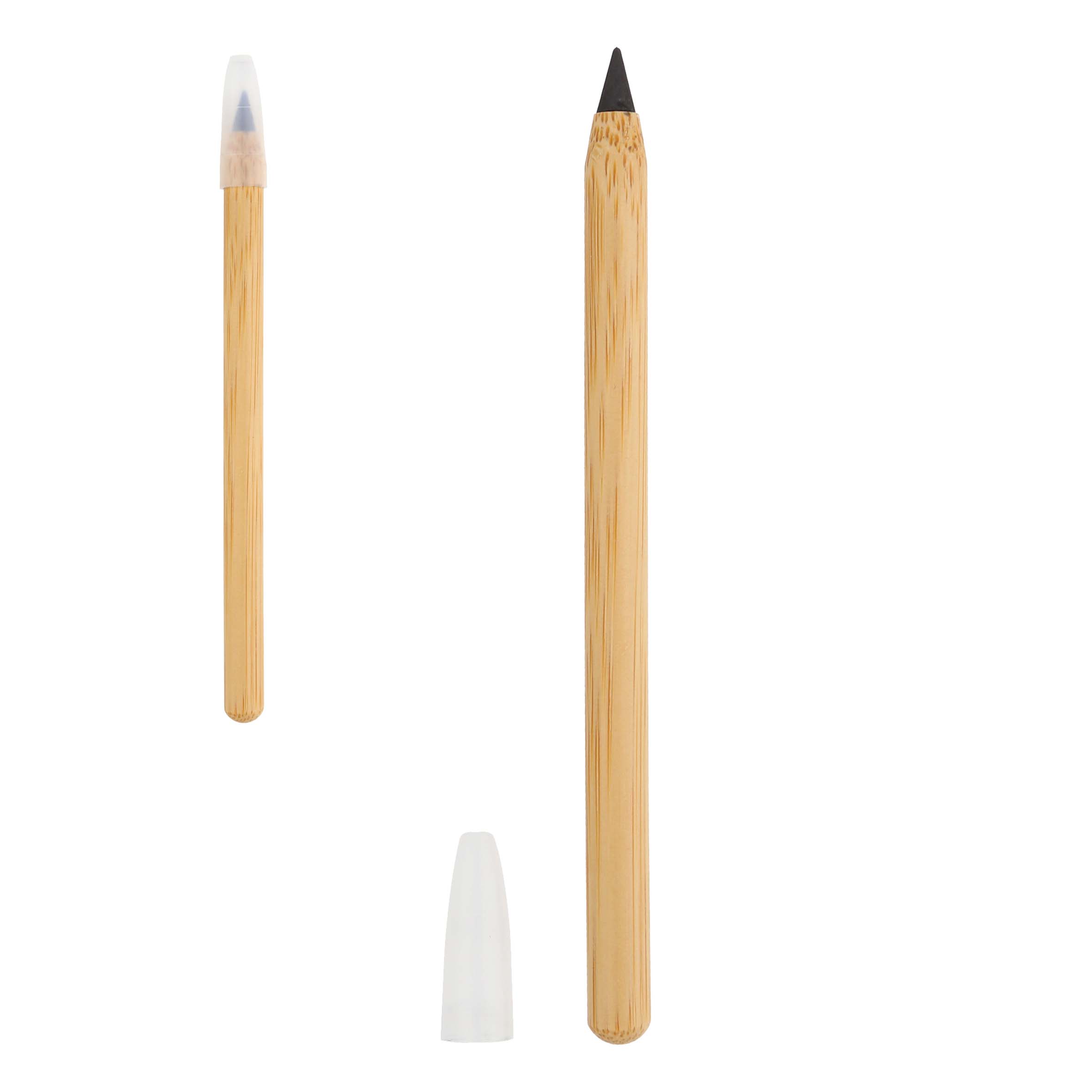 Bolígrafo de bambú libre de tinta que cuenta con una aleación de metales entre el estaño y bismuto, mismo que al contacto con la hoja hace una reacción química de oxidación en el papel. BAMBU