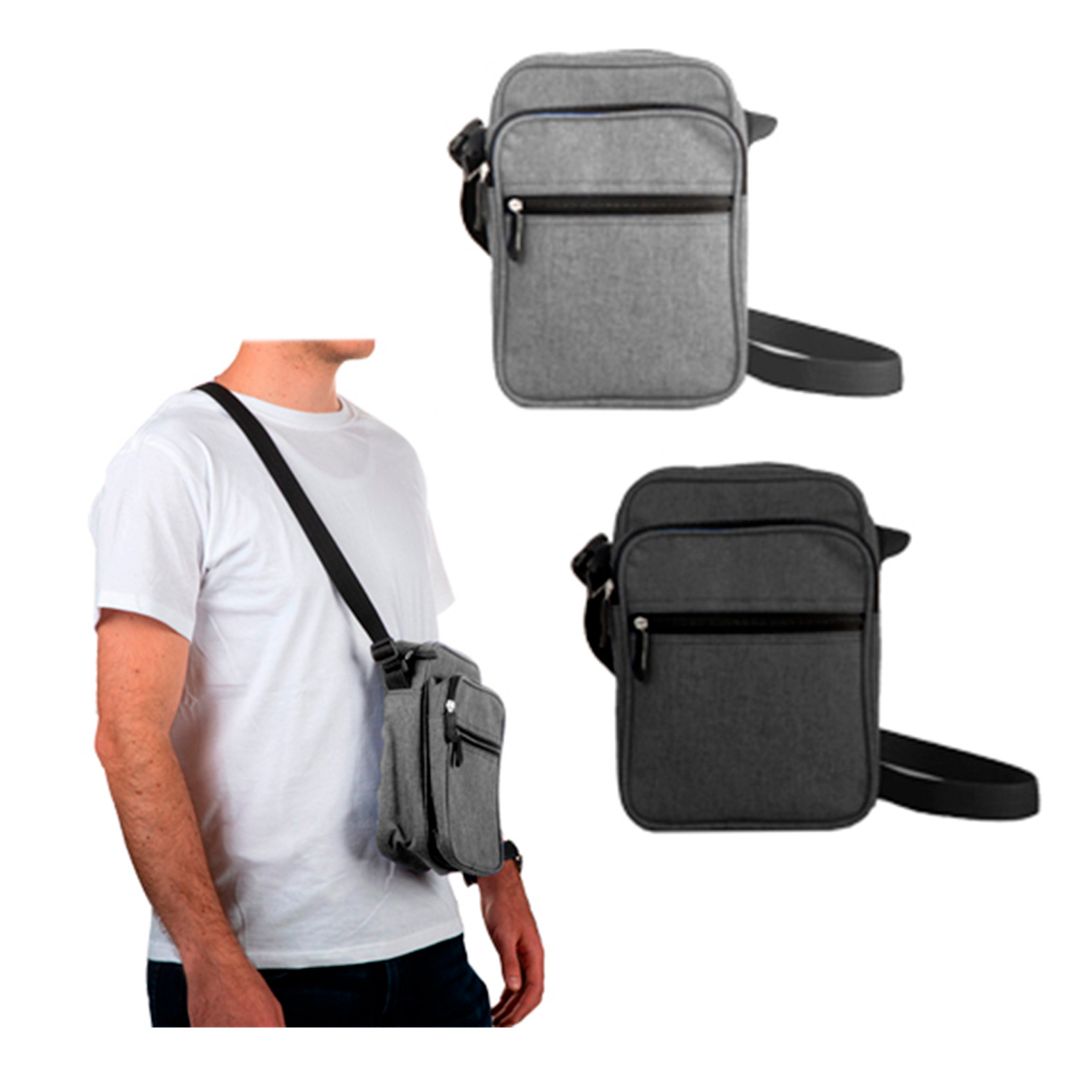 Bolsa portadocumentos de 3 compartimentos. Compartimento principal, 2 compartimento frontales con zipper y correa ajustable. GRIS