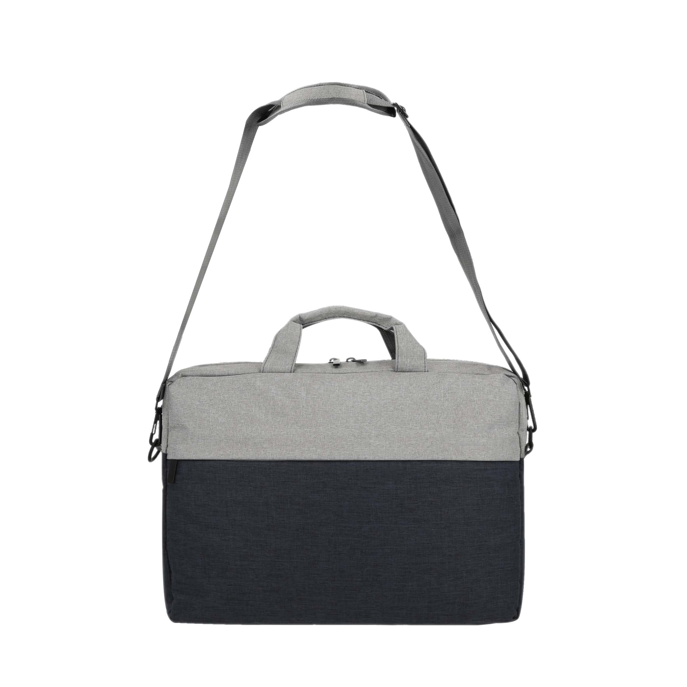 Portafolio de poliéster con porta laptop, dos asas, banda trasera para maleta de viaje y correo ajustable. GRIS