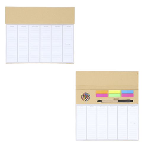 Planificador ecológico con pestaña y compartimentos que incluyen: 80 hojas impresas, banderas adhesivas de colores, 1 pluma ecológica y 15 clips. CARTON