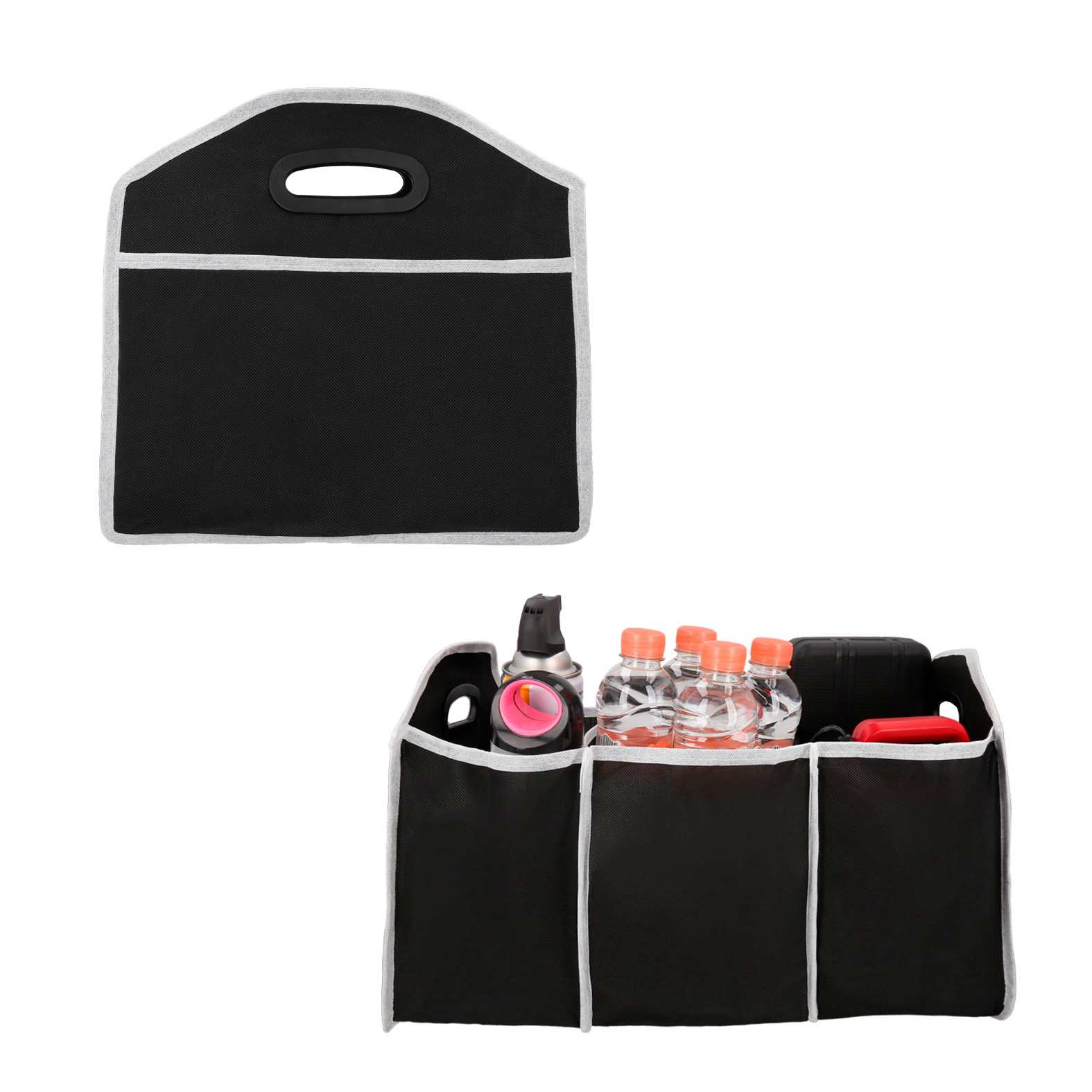 Organizador plegable de non woven para auto con 3 compartimentos internos, 2 externos y 2 agarraderas. NEGRO