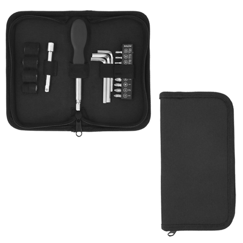 Set de herramientas en estuche de poliéster que contiene: 4 dados, 3 llaves allen, adaptador para dados y desarmador con 10 puntas intercambiables. NEGRO