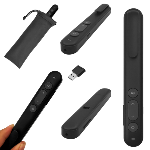 Control inalámbrico de plástico para presentaciones con apuntador láser, clip, indicador de batería, receptor USB, botón de cambio, volumen, encendido y apagado. En estuche de curpiel con asa de poliéster. Incluye una batería AAA NEGRO