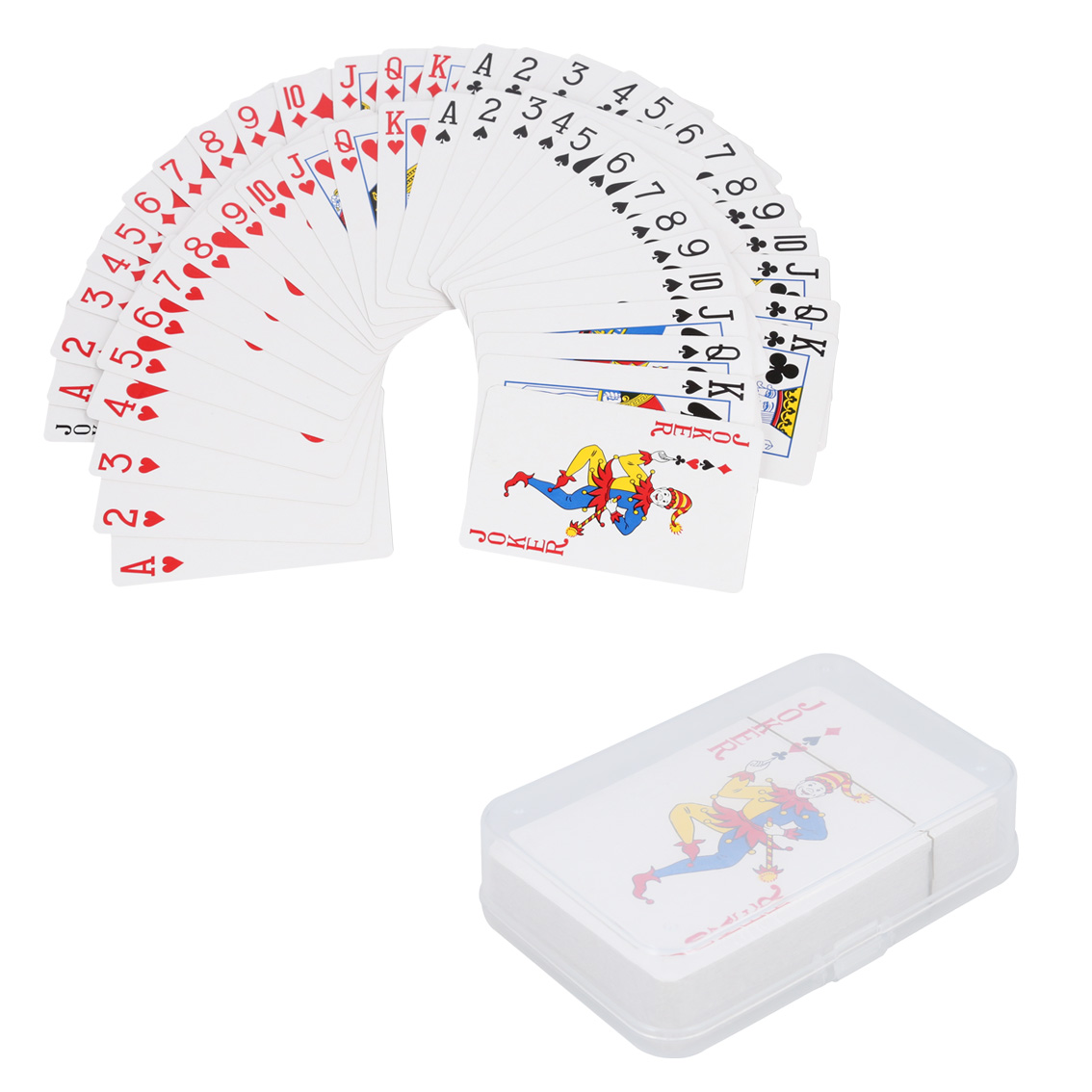 Juego de cartas con estuche de plástico. (52 unidades divididas en cuatro palos y 2 comodines). UNICO