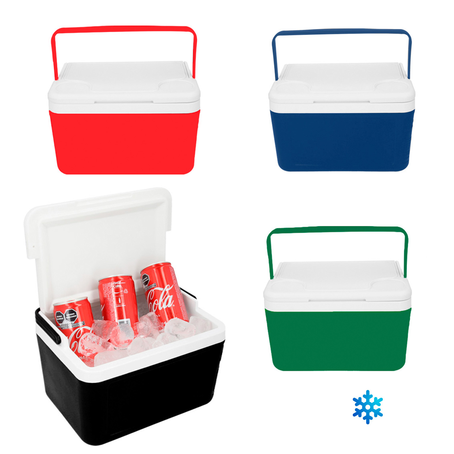 Hielera plástica de doble pared con asa superior y capacidad para 6 latas de 355 ml. AZUL