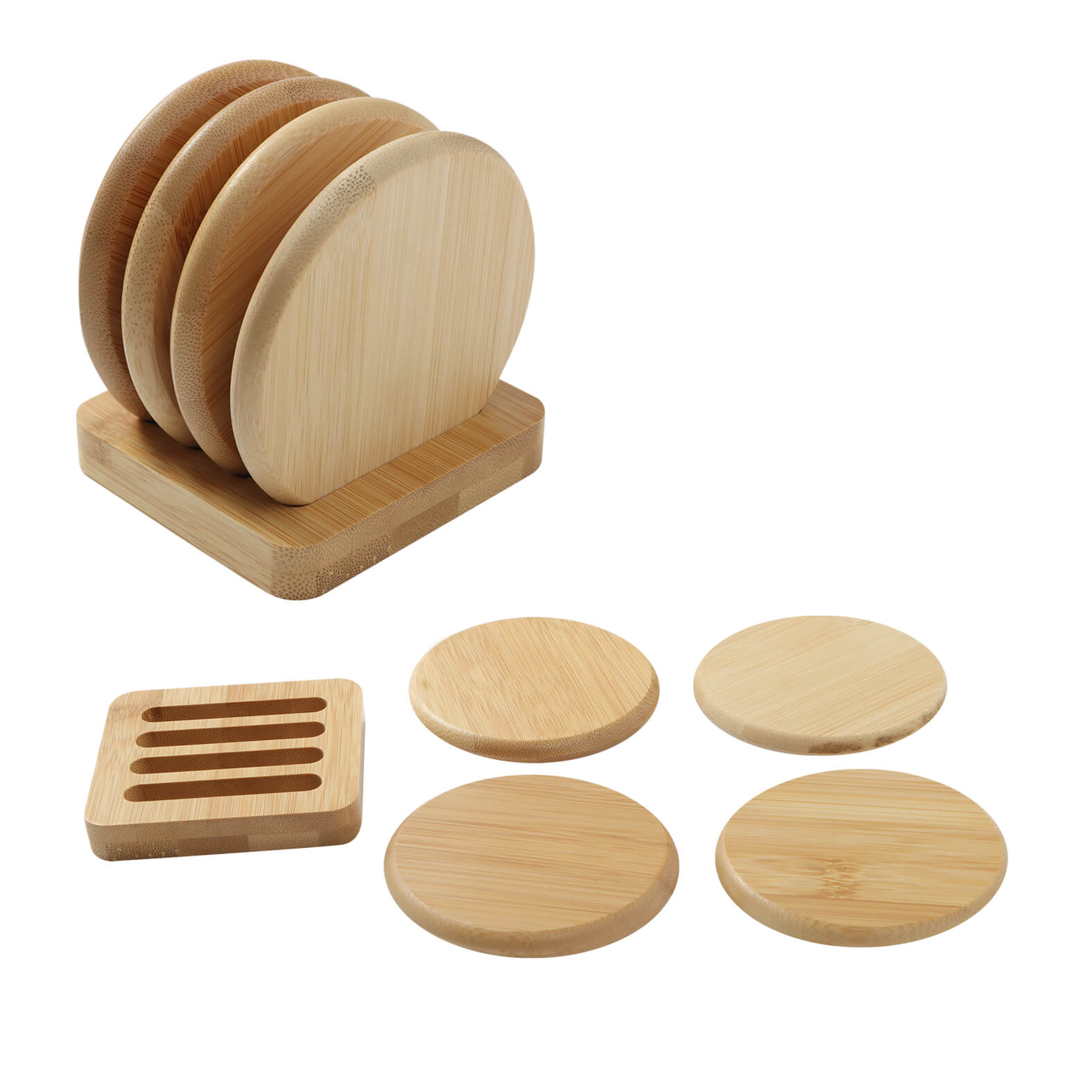 Set de 4 porta vasos circulares con base rectangular elaborados con bambú. BAMBU