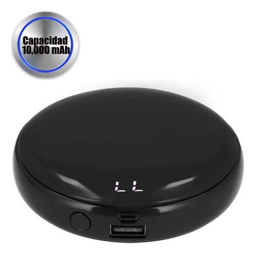 Batería portátil de plástico con botón de encendido y apagado, pantalla LED, puerto USB y entrada micro USB. NEGRO