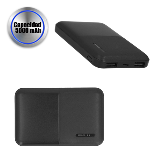 Batería portátil de plástico para suministro de carga de teléfonos, tablets, cámaras digitales, juegos, mp3, mp4, con botón de encendido y apagado, 2 puertos de salida USB, entrada micro USB e indicador de carga. NEGRO