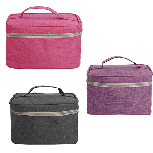 Cosmetiquera de poliéster en forma rectangular con dos compartimientos y asa. GRIS