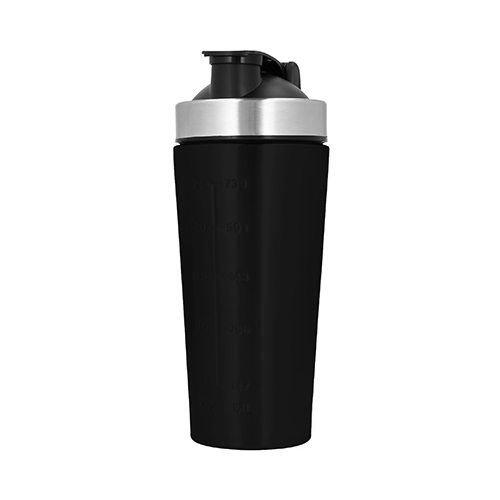 Shaker de acero inoxidable con medidor, bola mezcladora de acero y tapa enroscable con boquilla. NEGRO