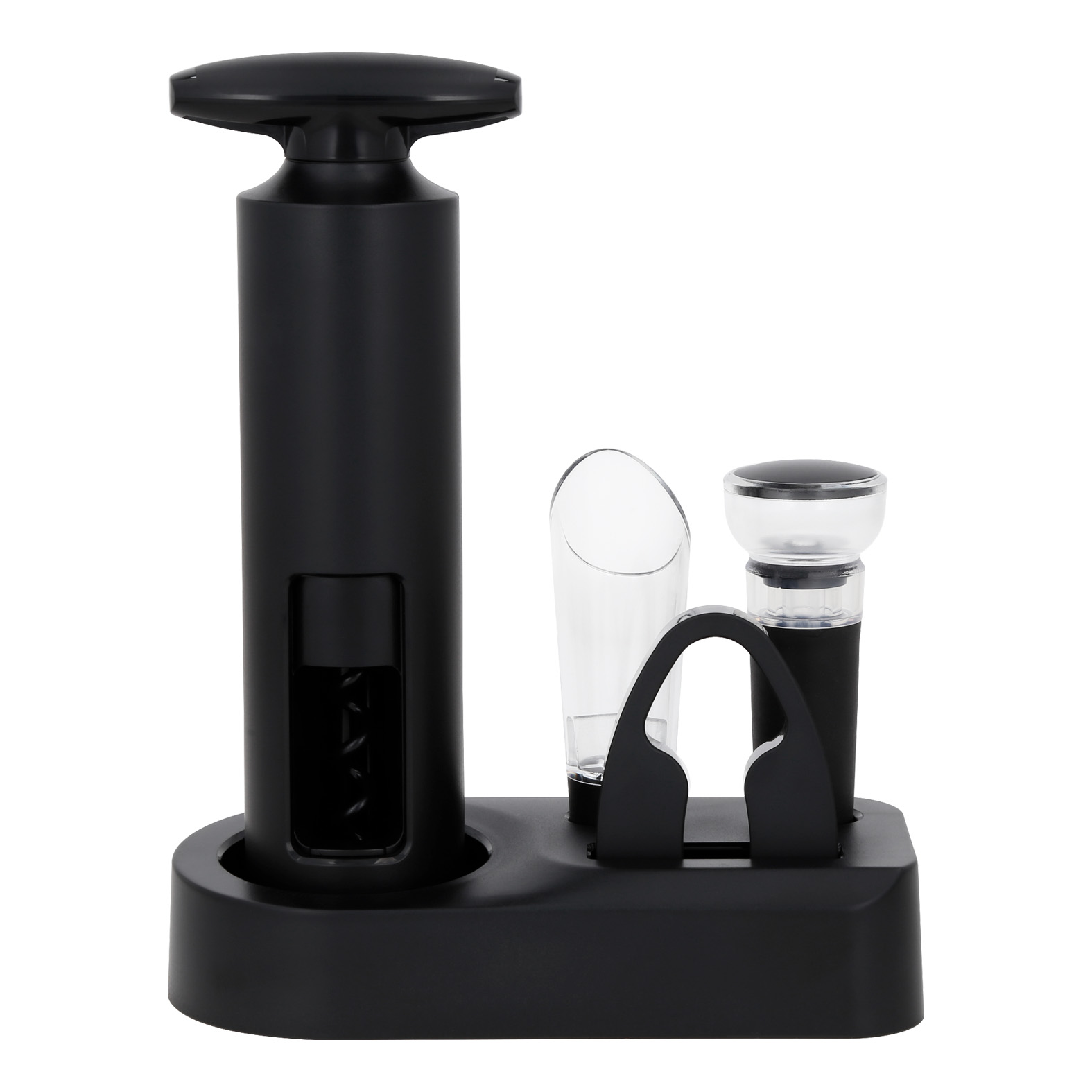 Set para vinos que incluye: 1 decantador, 1 corcho de sellado al vacío, 1 corta etiquetas, un destapador manual y 1 base para los artículos. NEGRO