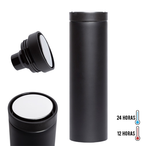 Termo con doble pared de acero inoxidable, tapa enroscable y botón en la parte superior. NEGRO