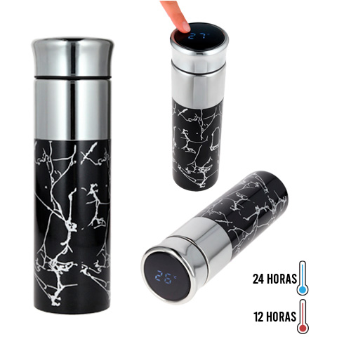 Termo con doble pared de acero inoxidable insulado al vacío. Incluye filtro infusor y termómetro digital que mide la temperatura de sus bebidas. NEGRO