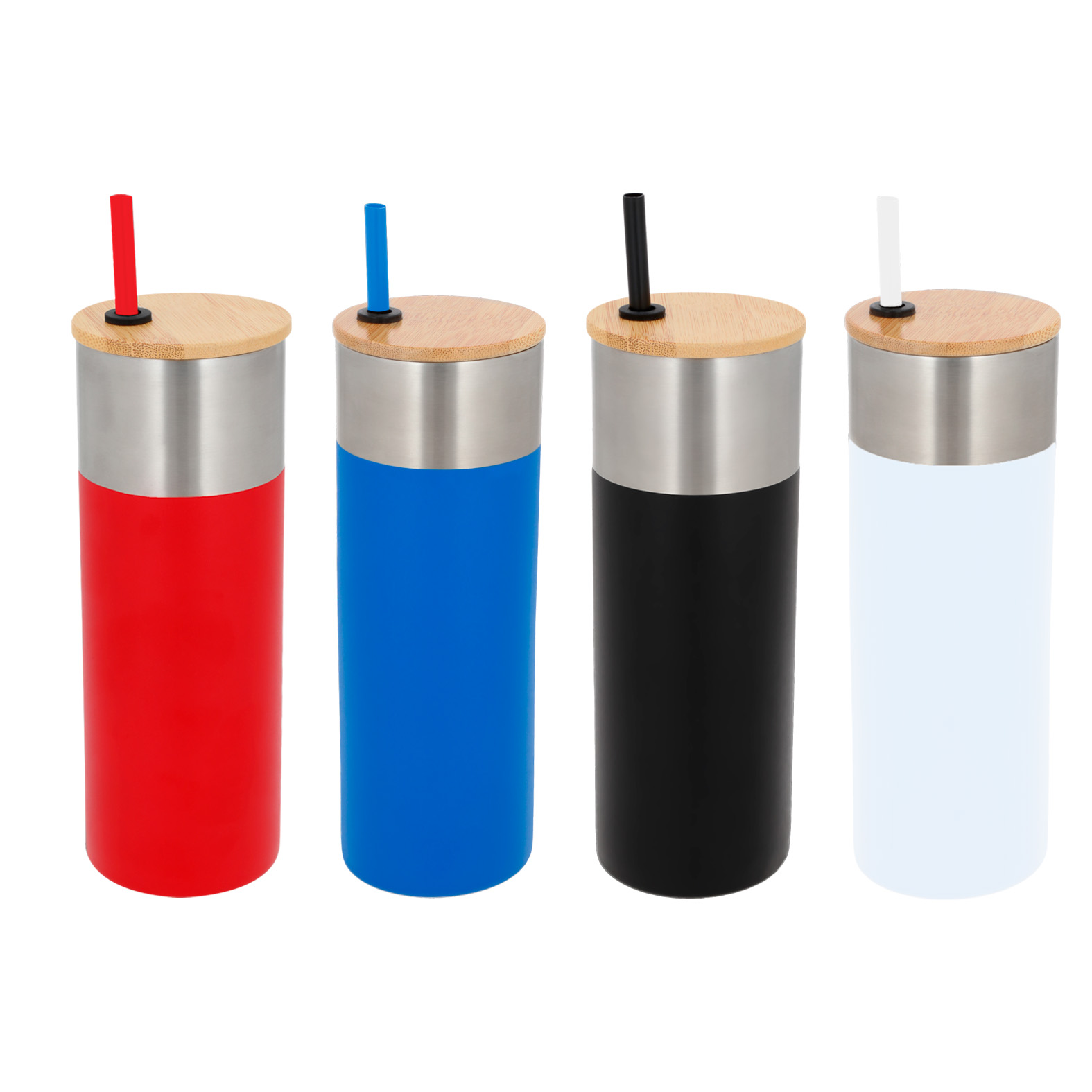 Termo de doble pared de acero inoxidable con tapa de bambú, cierre a presión y popote. AZUL