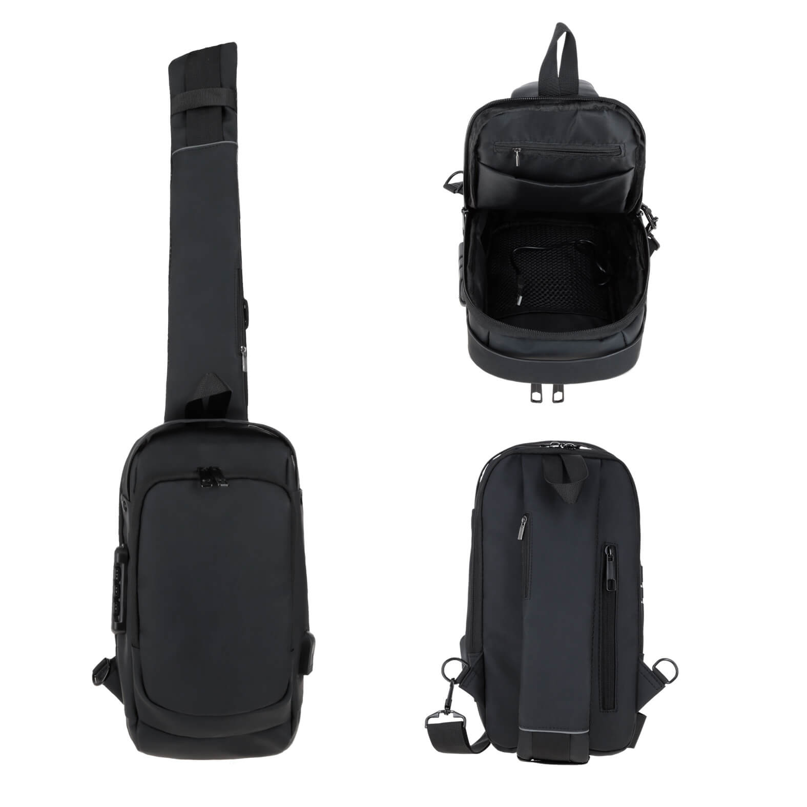 Bolsa de hombro con 4 compartimentos.1 compartimento principal con doble cierre, candado de seguridad, 3 compartimentos internos y entrada lateral de bateria portátil (Incluye cable), además de 2 compartimentos secundarios y 1 mini compartimento en la correa ajustable, cuenta con 2 asas superiores. NEGRO