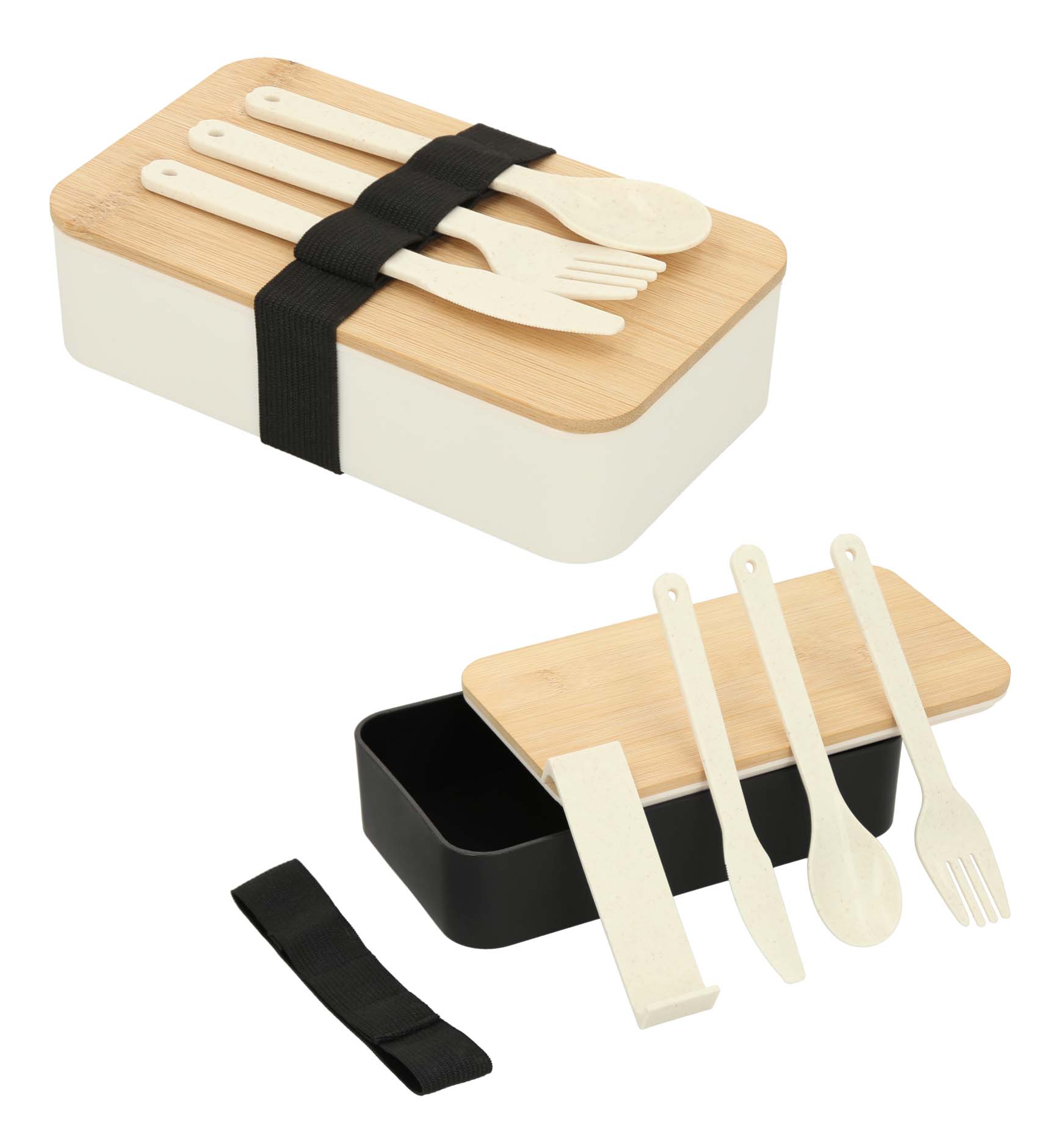 Contenedor de alimentos de poliuretano, tapa de bambú, separador de comida y cubiertos (Cuchara, tenedor y cuchillo). BLANCO