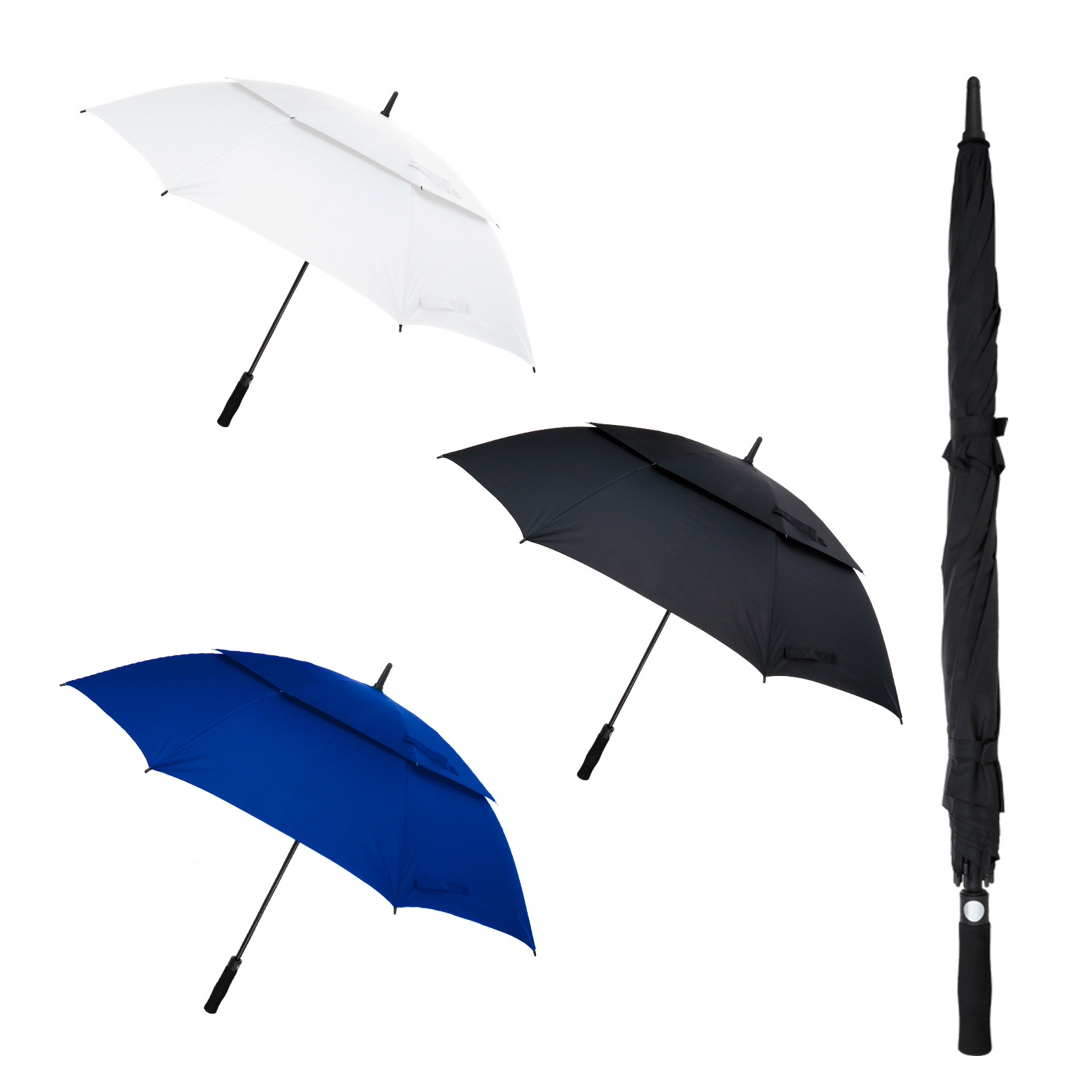 Paraguas antiviento con apertura automática, 8 gajos, mango de EVA y doble broche de velcro. Incluye funda con agarradera. AZUL