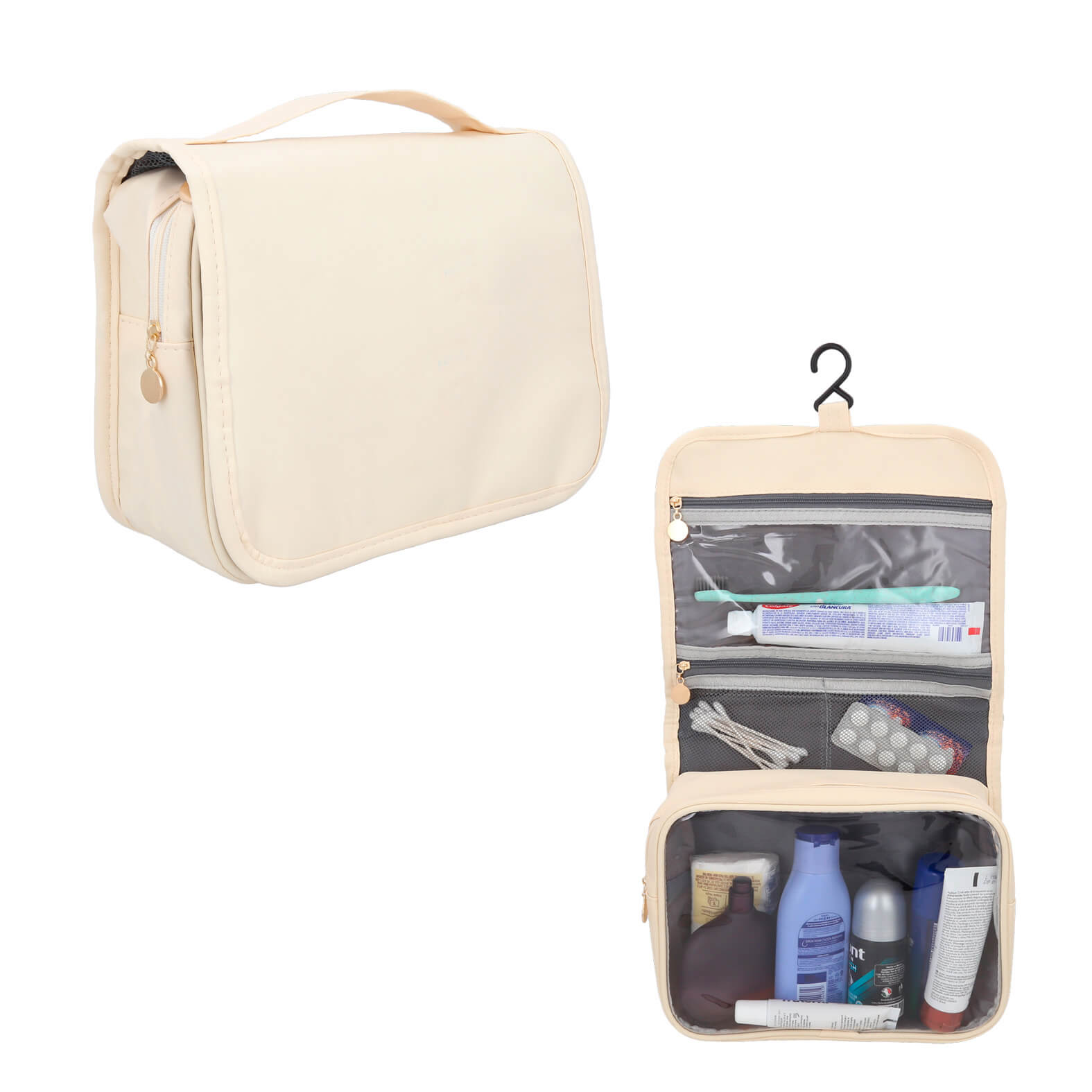 Estuche para viaje de poliéster con 1 compartimento principal con cierre y bolsa al interior, 2 compartimentos con malla, 1 compartimento transparente, gancho de plástico, asa y compartimento trasero. BEIGE