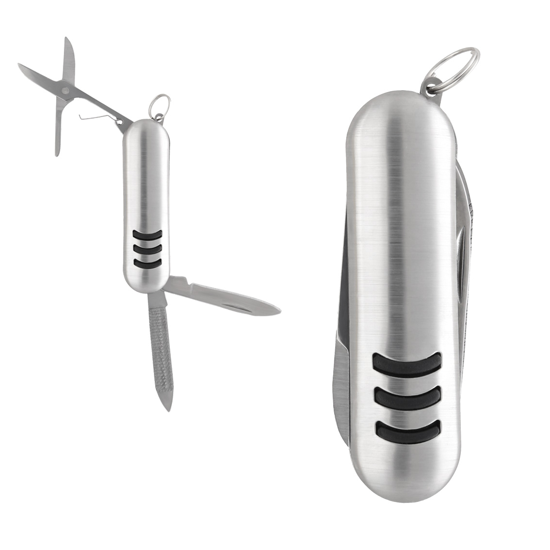 Mini navaja metálica con 3 funciones que contiene: tijeras y doble navaja con lima, cuenta con arillo para usar como llavero. PLATA