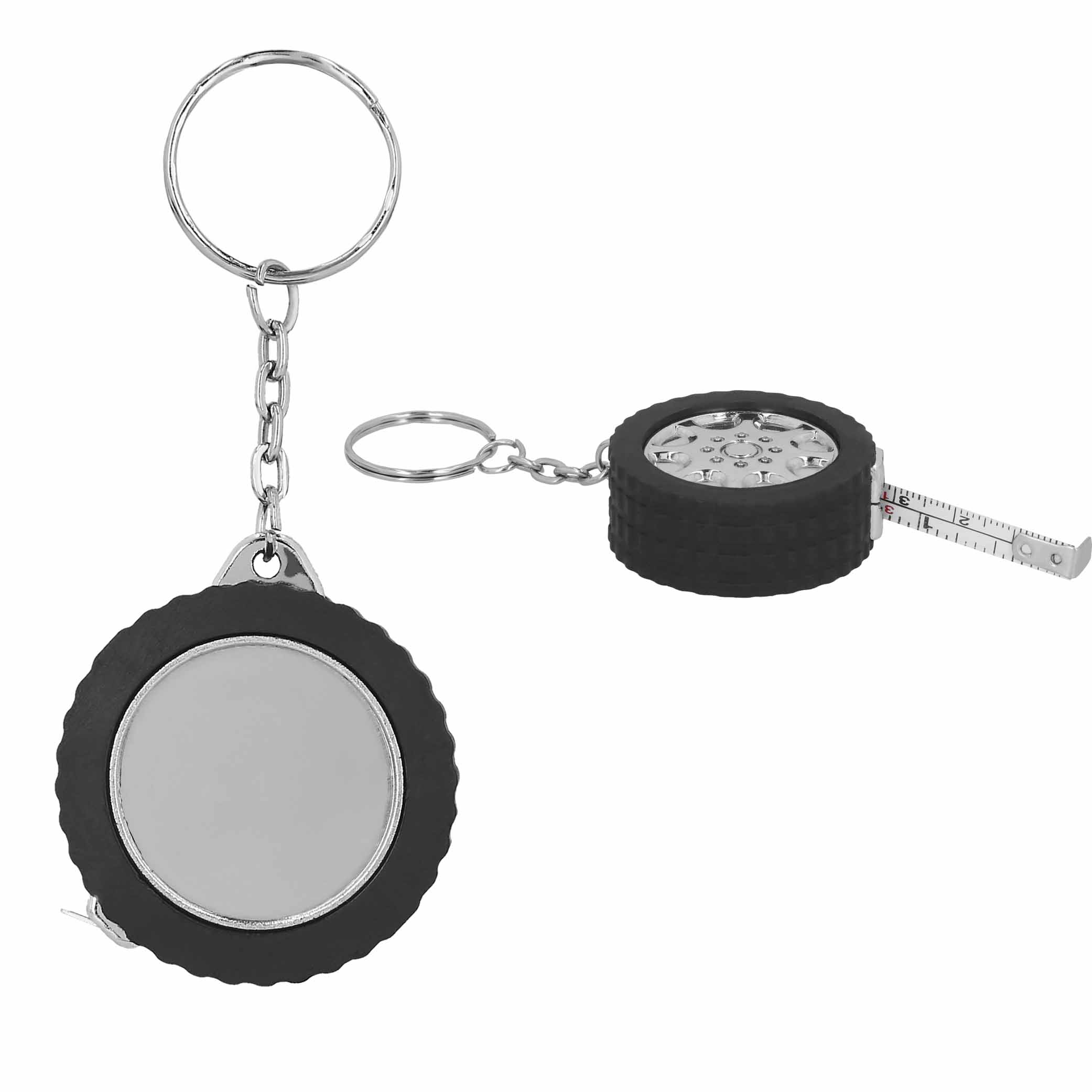 Llavero flexómetro en forma de llanta, 1 metro de longitud. NEGRO