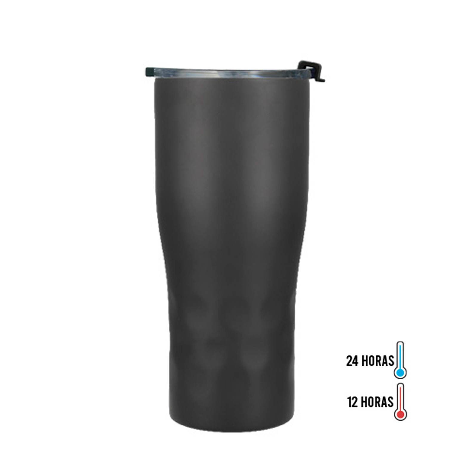 Termo de alta tecnología con doble pared de acero inoxidable. Incluye tapa de presión transparente. NEGRO