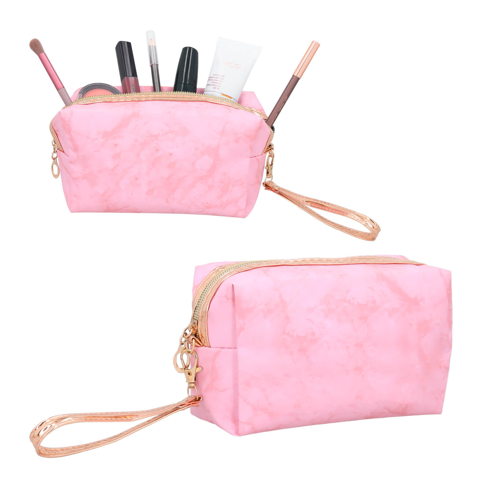 Cosmetiquera de poliéster con apariencia de mármol, interior forrado, cierre y correa. ROSA