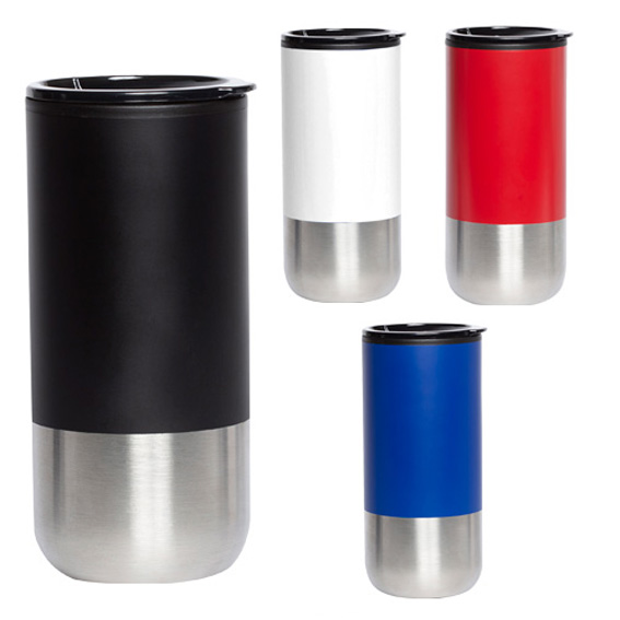 Termo de doble pared con interior de plástico y base exterior de acero inoxidable, cuenta con tapa de plástico y válvula de seguridad. AZUL