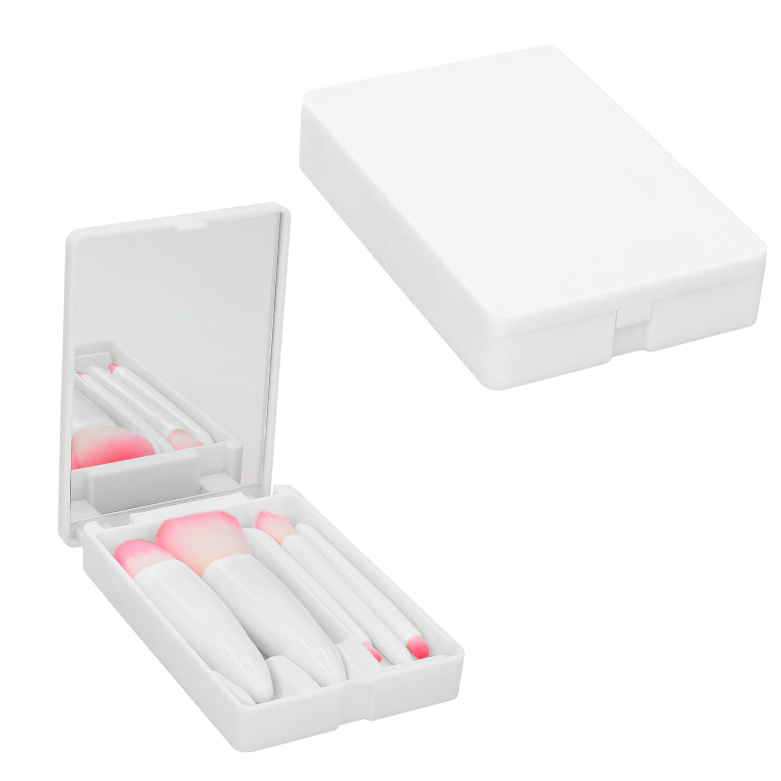 Set de 5 brochas para maquillaje con espejo y estuche de plástico. BLANCO